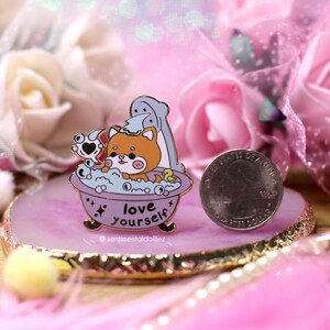 shiba inu enamel pin, shibainu pin, dog hard enamel pin, kawaii dog pin, dog lover pins, love yourself enamel pin, self love pin image 2