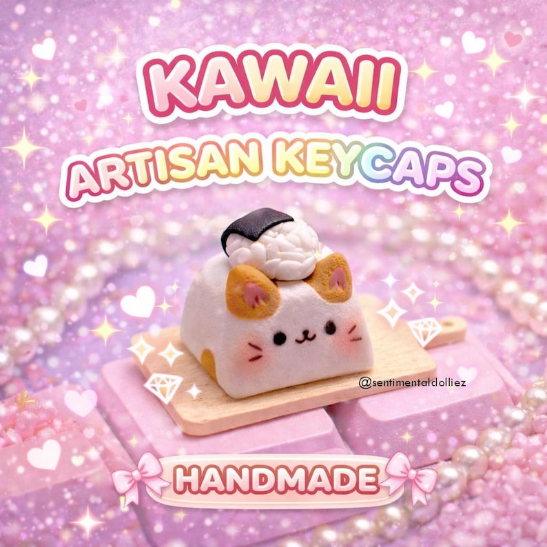 cute artisan keycaps - Onigiri Cat Artisan Keycap: fidget keycaps - fidget toys - fidget keyboard - fidget keychains image 1