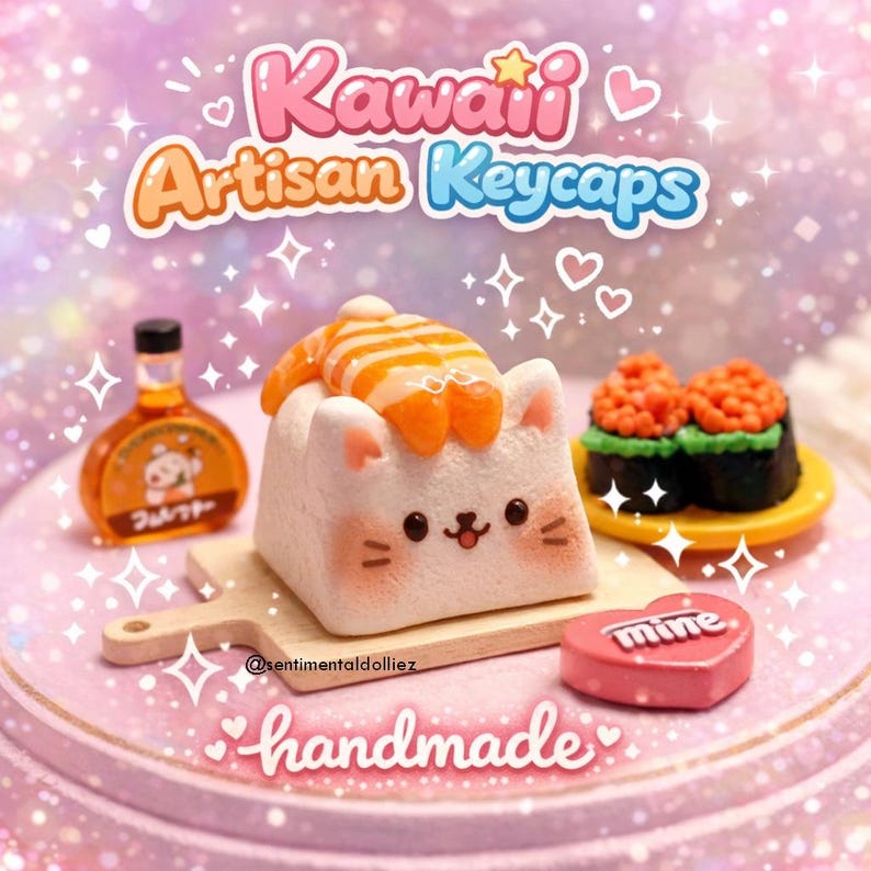 Sushi Cat Keycap Söt hantverksmässig Keycap Ebi Nigiri Cat Keycap Kawaii tangentbordstillbehör - tangentbordskapslar - spelpresenter - skrivbordstillbehör bild 1