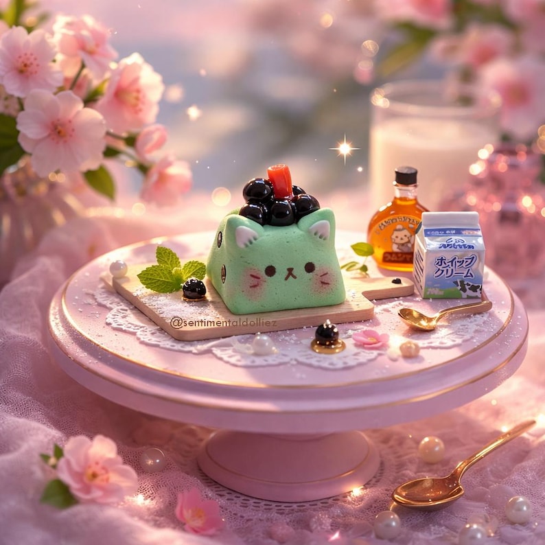 May include: A whimsical dessert scene featuring a light green cat-shaped cake topped with black boba pearls and a red garnish. The cake sits on a pink cake stand with a wooden serving board, accompanied by miniature syrup bottles and a carton of cream.
