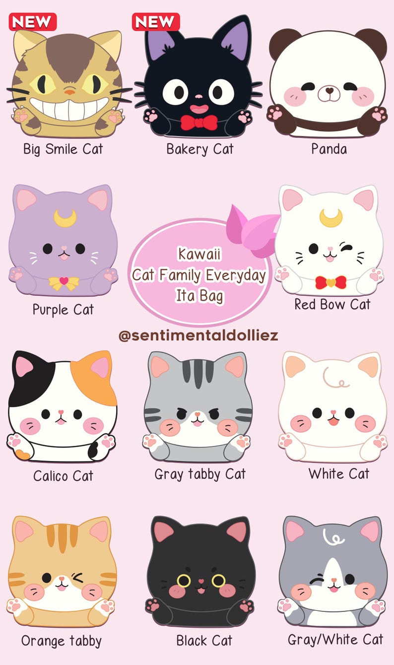 K&ouml;nnte beinhalten: Neun verschiedene Kawaii-Katzen-Charakterdesigns. Jeder Charakter hat eine andere Farbe und einen einzigartigen Ausdruck. Die Charaktere sind in einem Raster angeordnet, in dessen Mitte der Text "Kawaii Cat Family Everyday Ita Bag" steht.