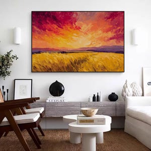 Wheat Field Wall Art Textured Wall Art Red and Yellow Abstract Painting Wheat Field Country Landscape Field Canvas for Home Decor