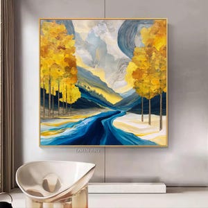 Wald Landschaft Wand Kunst Ahorn Blätter Ölgemälde Gelbe abstrakte Kunst blauer Fluss Wand Dekor Gletscher Wandkunst moderne abstrakte Malerei