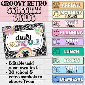 Cartes d'horaires de cours, Déco salle de classe groovy rétro, Horaires modifiables, Imprimables modifiables pour la classe, Rentrée des classes, Horaires de la salle de classe