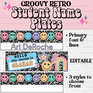 Student Name Plates, Retro Groovy Classroom Decor, Classroom Printables, Back to School, Printable Student Name Tags, Student Desk Plates