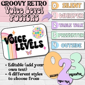 Voice-Level-Poster, Retro-Groovy-Klassenzimmer-Dekor, EDITIERBARES Voice-Poster, bearbeitbare Klassenzimmer-Ausdrucke, Back to School, Voice-Level-Poster