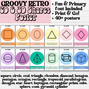Carteles de formas 2D y 3D, Decoración de aula retro groovy, Formas 3D 2D, Imprimibles para el aula, Regreso a clases, Carteles de formas, Carteles imprimibles