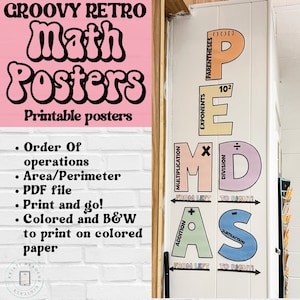 Orden de operaciones Carteles de referencia matemática Retro Groovy Decoración del aula, Aula imprimible, Regreso a la escuela, PEMDAS, Área, Cartel perimetral