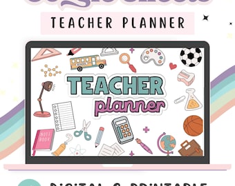 Digital Teacher Planner, Google Sheets Planner, Printable Planner, School Supplies Doodles