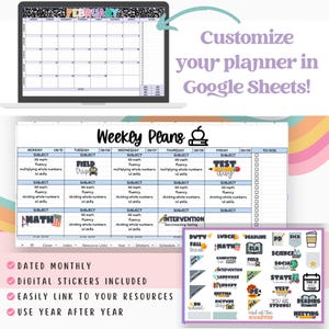 May include: A digital planner template for teachers, featuring a monthly calendar, weekly lesson plans, and a to-do list. The planner includes colorful digital stickers with themes like "field trip", "test day", and "duty fall break".