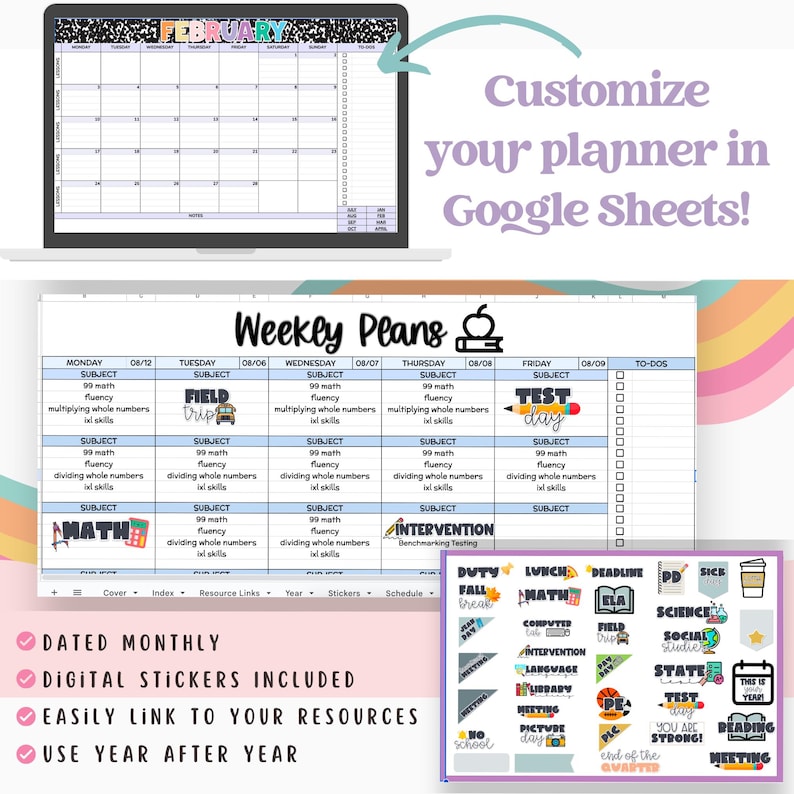 May include: A digital planner template for teachers, featuring a monthly calendar, weekly lesson plans, and a to-do list. The planner includes colorful digital stickers with themes like "field trip", "test day", and "duty fall break".
