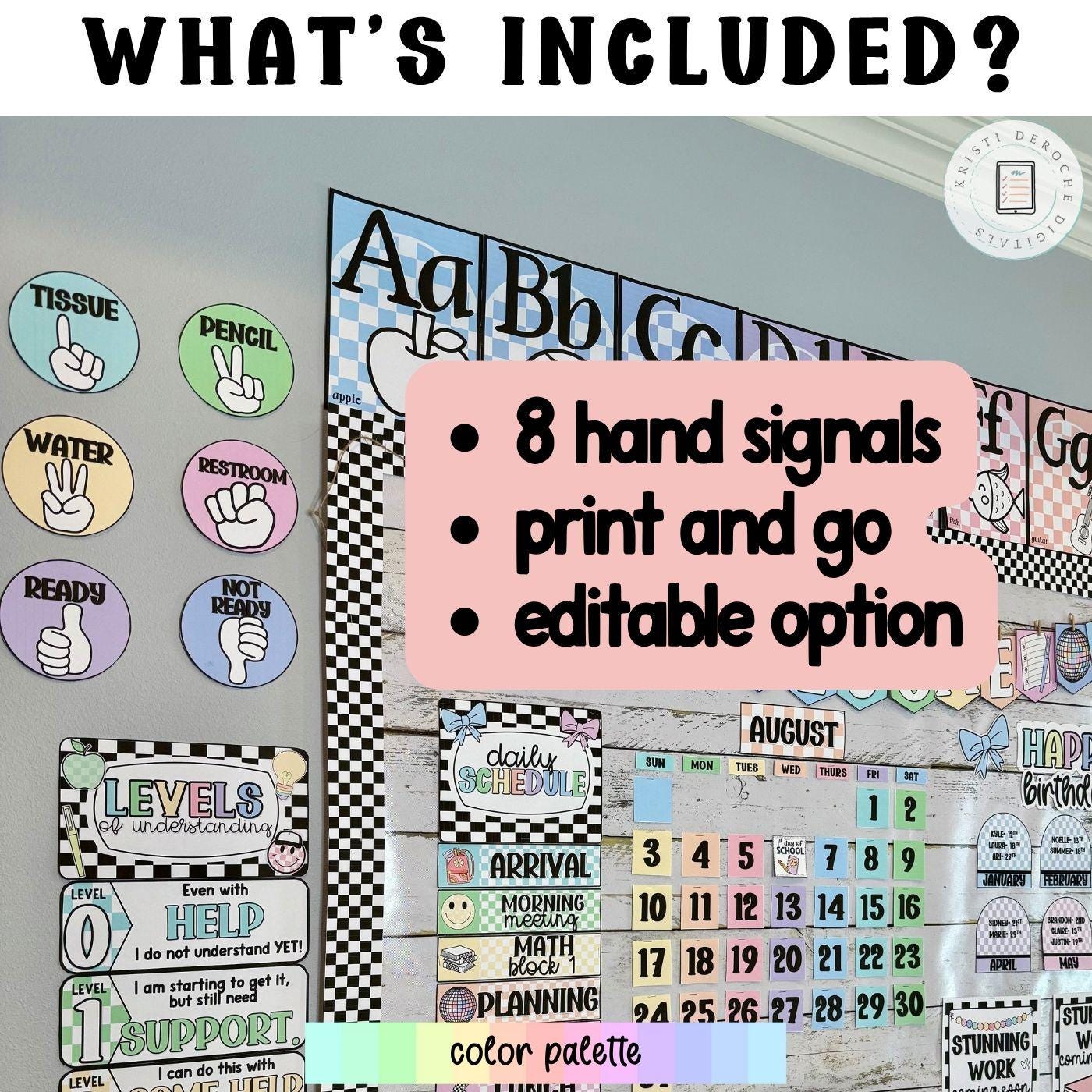 Hand Signal Posters for Calm Checkered Classroom Decor Pastel Classroom ...