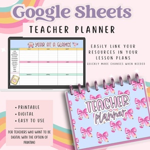 Pu&ograve; includere: Un planner digitale per insegnanti con un calendario annuale e una copertina colorata con fiocchi e matite. Il testo "Teacher Planner" &egrave; sulla copertina. Il planner &egrave; stampabile e digitale.