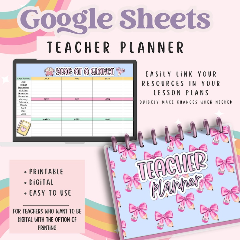 Pu&ograve; includere: Un planner digitale per insegnanti con un calendario annuale e una copertina colorata con fiocchi e matite. Il testo "Teacher Planner" &egrave; sulla copertina. Il planner &egrave; stampabile e digitale.