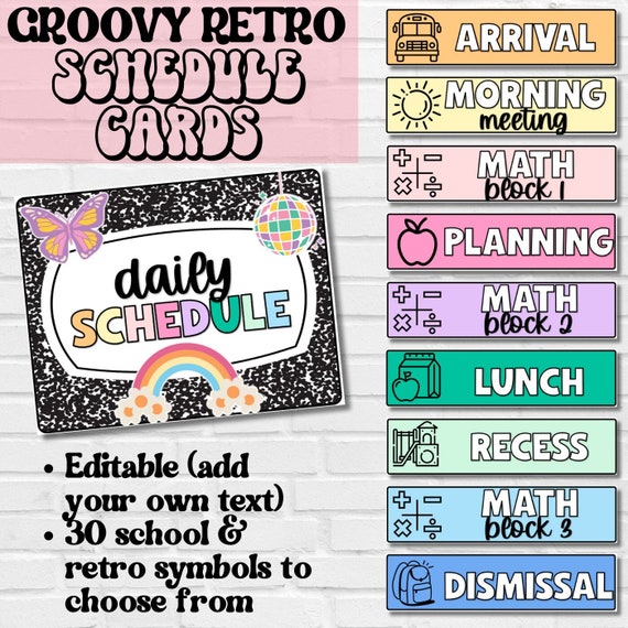 Class Schedule Cards, Retro Groovy Classroom Decor, Editable Schedule, Editable Classroom Printables, Back to School, Classroom Schedule
