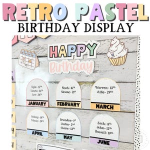 Exibição de pôster de aniversário de classe para decoração de sala de aula retrô pastel calma, tema de sala de aula pastel, volta às aulas, sala de aula pastel elementar