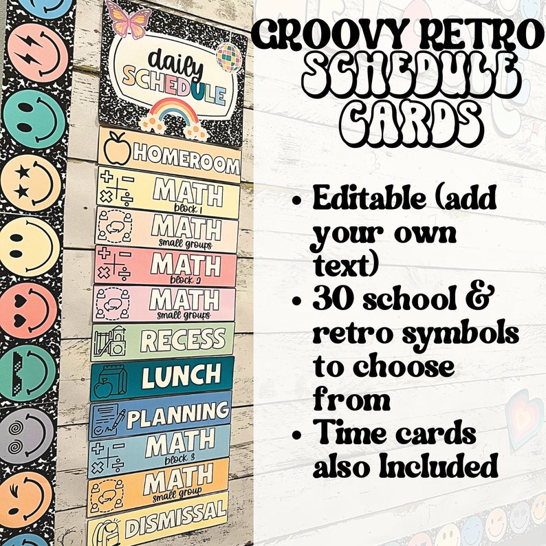 May include: A set of colorful, editable schedule cards with retro symbols. The cards feature a groovy font and include subjects like math, recess, lunch, and dismissal. The cards are perfect for teachers to create a fun and engaging classroom schedule.