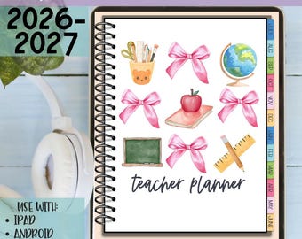 May include: Digital teacher planner for 2026-2027 with watercolor illustrations of school supplies, bows, and a globe. The planner includes sections for index, stickers, and to-do lists. Compatible with iPad, Android, Google, and PowerPoint. The words "teacher planner" are written in cursive.