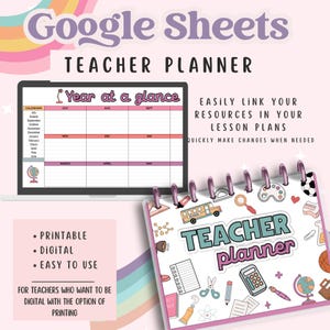 Puede incluir: Un planificador de profesor digital con una portada rosa y blanca que presenta un autob&uacute;s escolar colorido, un globo terr&aacute;queo y el texto "Teacher Planner". El planificador est&aacute; dise&ntilde;ado para su uso con Google Sheets e incluye un calendario anual, plantillas de planes de lecciones y recursos.