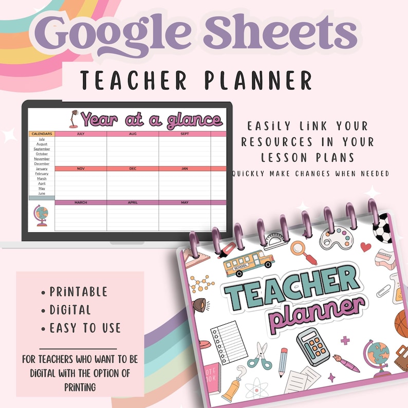 Puede incluir: Un planificador de profesor digital con una portada rosa y blanca que presenta un autob&uacute;s escolar colorido, un globo terr&aacute;queo y el texto "Teacher Planner". El planificador est&aacute; dise&ntilde;ado para su uso con Google Sheets e incluye un calendario anual, plantillas de planes de lecciones y recursos.