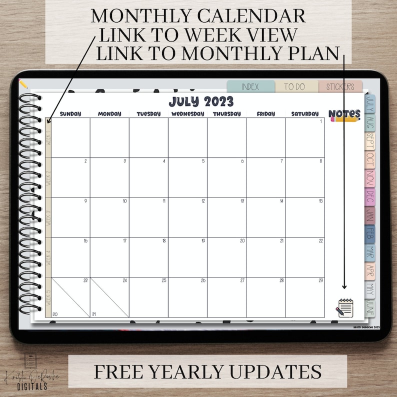 May include: A digital planner on a tablet screen with a July 2023 calendar. The calendar has a black and white grid with the days of the week labeled at the top. The calendar is surrounded by a white border and a black and white patterned background.