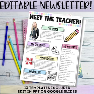 Treffen Sie die Lehrer-Newsletter-Vorlage, EDITIERBARE Newsletter-Vorlage Helles Streifen-Thema, Back to School, Tag der offenen Tür