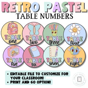 Editable Table Numbers for calm Retro Pastel Classroom Decor Pastel Classroom Theme, Back to School, Elementary Pastel Classroom Decor