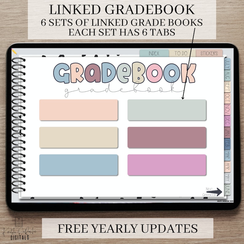 May include: A digital planner with a colorful "GRADEBOOK" title and six sets of linked grade books, each with six tabs. The tabs are labeled "INDEX", "TO DO", "STICKERS", and months of the year. The planner has a spiral binding and a free yearly update.