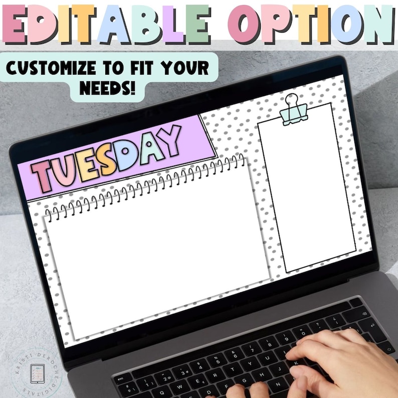 May include: A laptop screen displaying a digital planner template with a gray polka dot background. The template features a large, colorful "TUESDAY" title and a blank space for notes. A smaller, blank space with a paperclip icon is also included.