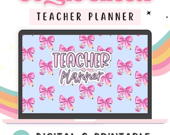 Digital Teacher Planner, Google Sheets Planner, Printable Planner, Coquette Pencil Bow