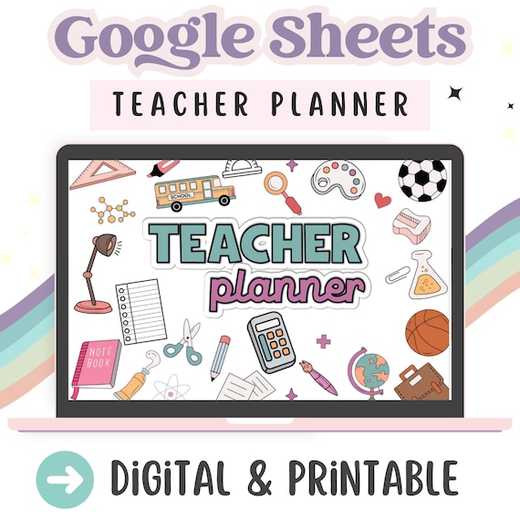 Digital Teacher Planner, Google Sheets Planner, Printable Planner, School Supplies Doodles