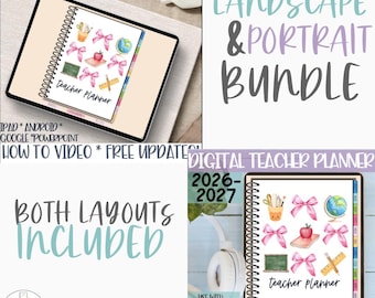 May include: Digital teacher planner with a spiral binding, featuring colorful icons and the text "Teacher Planner." The image also includes the text "Landscape & Portrait Bundle," "Both Layouts Included," and "2026-2027." Compatible with iPad, Android, and Google.