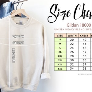 Puede incluir: Tabla de tallas para una sudadera unisex de mezcla pesada Gildan 18000. La tabla muestra las medidas en pulgadas para el ancho, el pecho y la longitud para las tallas S a 5XL.