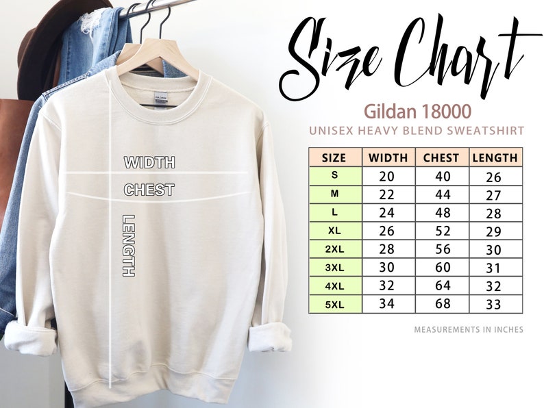 Puede incluir: Tabla de tallas para una sudadera unisex de mezcla pesada Gildan 18000. La tabla muestra las medidas en pulgadas para el ancho, el pecho y la longitud para las tallas S a 5XL.