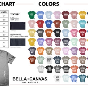 Puede incluir: Tabla de tallas para camisetas con medidas de ancho y largo en pulgadas. La tabla muestra diferentes tallas desde XS hasta 5XL. La tabla tambi&eacute;n muestra la composici&oacute;n de la tela para cada talla. La tabla incluye una paleta de colores de 72 colores diferentes para camisetas. Los colores se muestran como peque&ntilde;os cuadrados de tela.