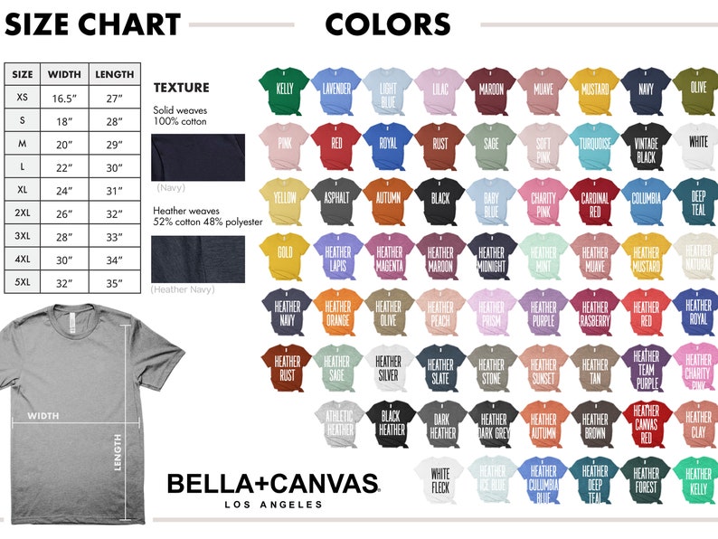 Puede incluir: Tabla de tallas para camisetas con medidas de ancho y largo en pulgadas. La tabla muestra diferentes tallas desde XS hasta 5XL. La tabla tambi&eacute;n muestra la composici&oacute;n de la tela para cada talla. La tabla incluye una paleta de colores de 72 colores diferentes para camisetas. Los colores se muestran como peque&ntilde;os cuadrados de tela.