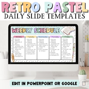 May include: A weekly schedule template with a retro pastel color scheme. The template is divided into five days: Monday, Tuesday, Wednesday, Thursday, and Friday. Each day has a list of activities with times. The template is designed to be edited in PowerPoint or Google.