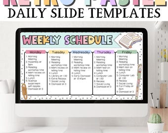 May include: A weekly schedule template with a retro pastel colour scheme. The template is divided into five days: Monday, Tuesday, Wednesday, Thursday, and Friday. Each day has a list of activities with times. The template is designed to be edited in PowerPoint or Google.