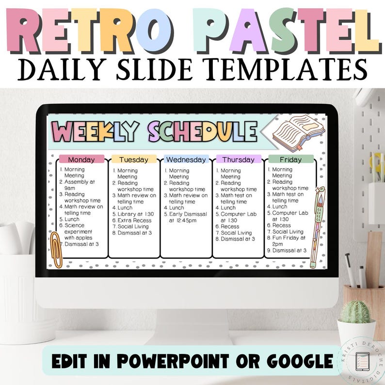 May include: A weekly schedule template with a retro pastel color scheme. The template is divided into five days: Monday, Tuesday, Wednesday, Thursday, and Friday. Each day has a list of activities with times. The template is designed to be edited in PowerPoint or Google.