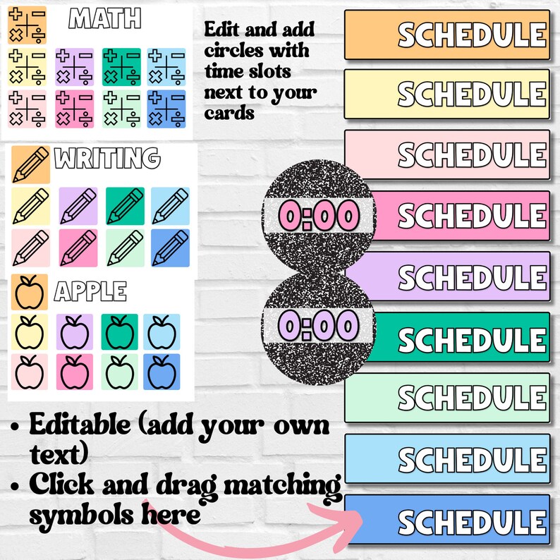 May include: A printable worksheet with colorful symbols and text. The worksheet includes sections for math, writing, and apple symbols. The worksheet also includes a section for scheduling with time slots and the text "Edit and add circles with time slots next to your cards".