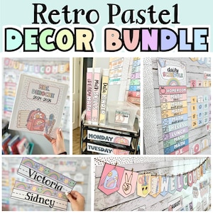 Op de afbeelding: Een retro pastel klaslokaal decoratiepakket met een map gelabeld Mrs. Deroche 2024-2025, gelabelde opbergbakken, een dagschema, gepersonaliseerde naamkaartjes voor Victoria en Sidney en een decoratieve banner met de tekst Welcome.