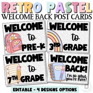 Cartões postais de boas-vindas para decoração de sala de aula em tons pastel retrô Tema de sala de aula em tons pastel, volta às aulas, sala de aula em tons pastel elementar, editável