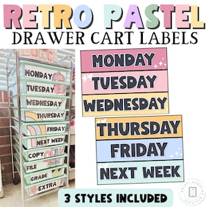 10 Etiketten für Schubladenwagen zur Beruhigung, Retro Pastell Klassenzimmer Dekor Pastell Klassenzimmer Thema, Back to School, Elementary Pastel Klassenzimmer Dekor