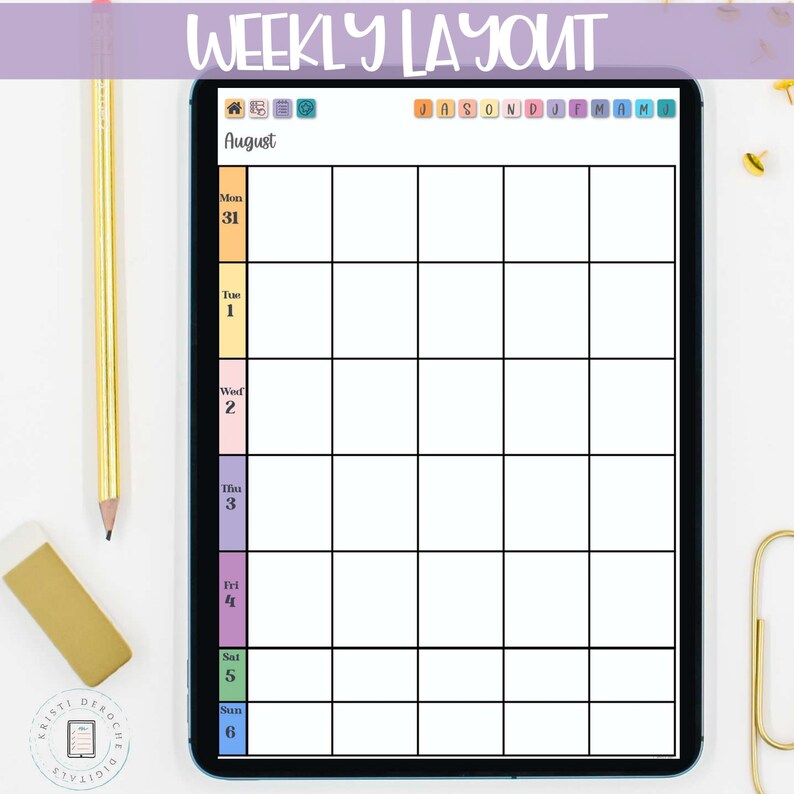 Op de afbeelding: Een wekelijkse planner lay-out met een kleurrijk kalenderrooster voor de maand augustus. Het kalenderrooster heeft een kolom voor elke dag van de week, van maandag tot en met zondag. De dagen van de week zijn in zwarte tekst gelabeld. Het kalenderrooster bevindt zich op een witte achtergrond.