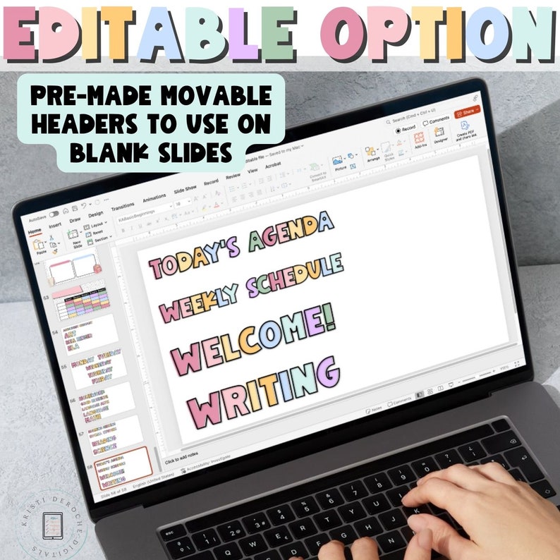 May include: A laptop screen displaying a PowerPoint presentation with colorful text headers that say "Today's Agenda", "Weekly Schedule", "Welcome!" and "Writing".