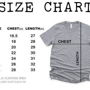 May include: Size chart for a Bella + Canvas 3001 unisex jersey short sleeve tee. The chart shows chest and length measurements in inches for sizes XS through 3XL.