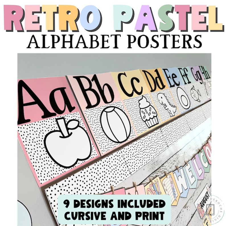 Alphabet Posters Print & Cursive for Calm Retro Pastel Classroom Theme ...