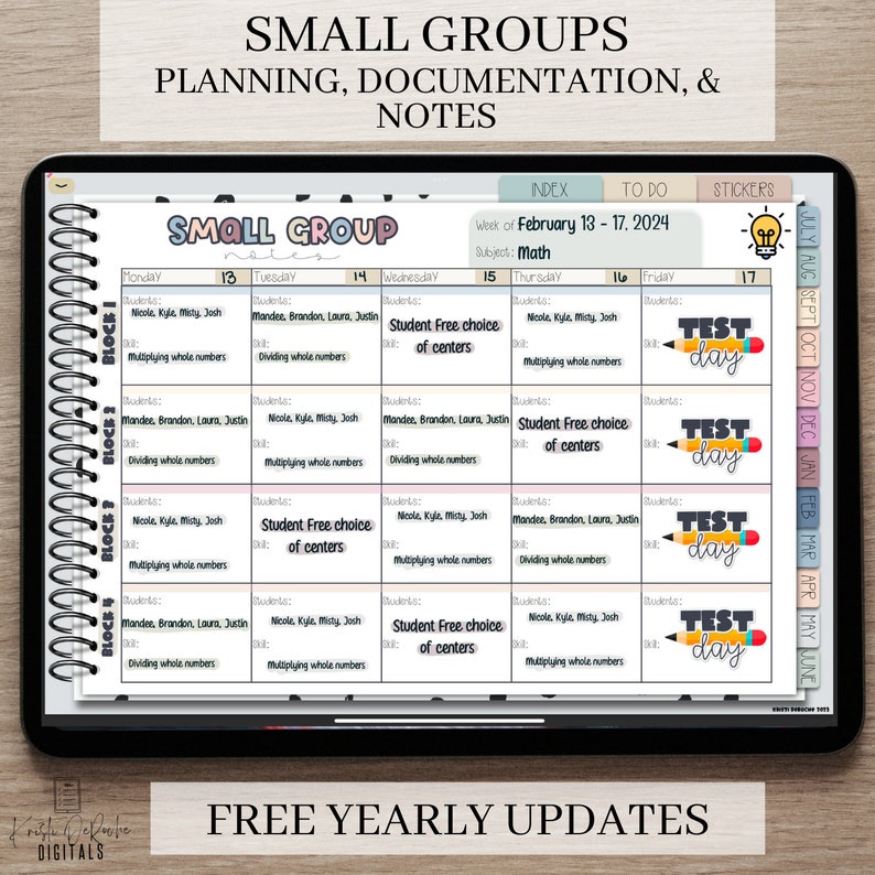 May include: A printable planner page for small group instruction. The page is divided into a grid with days of the week labeled Monday through Friday. Each day has space to list students' names and the activity they will be doing. The page also includes a section for "Student Free Choice of Centers".