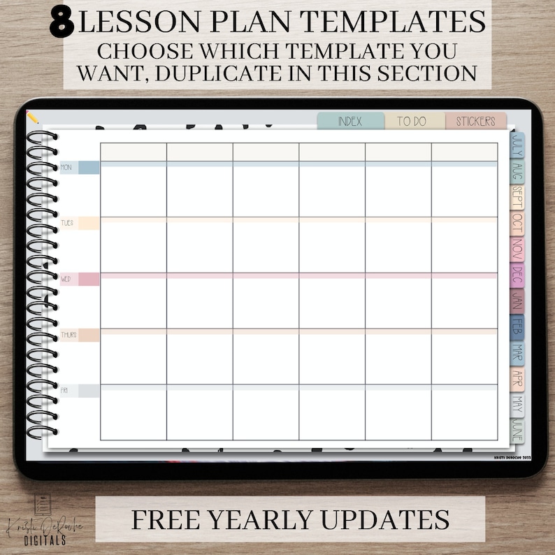 May include: A digital planner template for lesson plans with a white background and a grid layout. The template includes sections for "Index", "To Do", and "Stickers". The template also includes a calendar with months of the year listed on the right side.