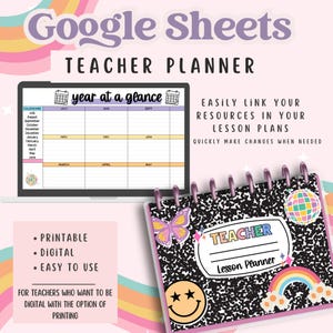 May include: A digital teacher planner with a year at a glance calendar, lesson plans, and a printable option. The planner has a colorful design with rainbows, butterflies, and stars.